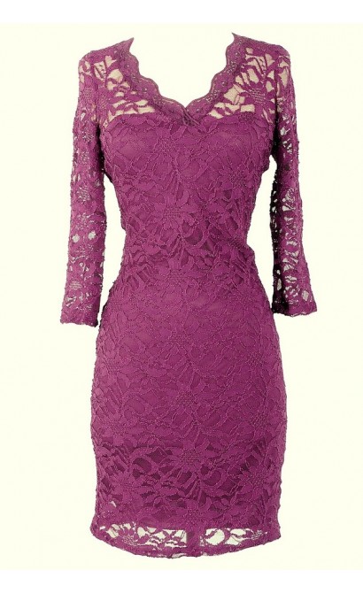 Open Back Fitted Lace Dress With Three Quarter Sleeves in Berry